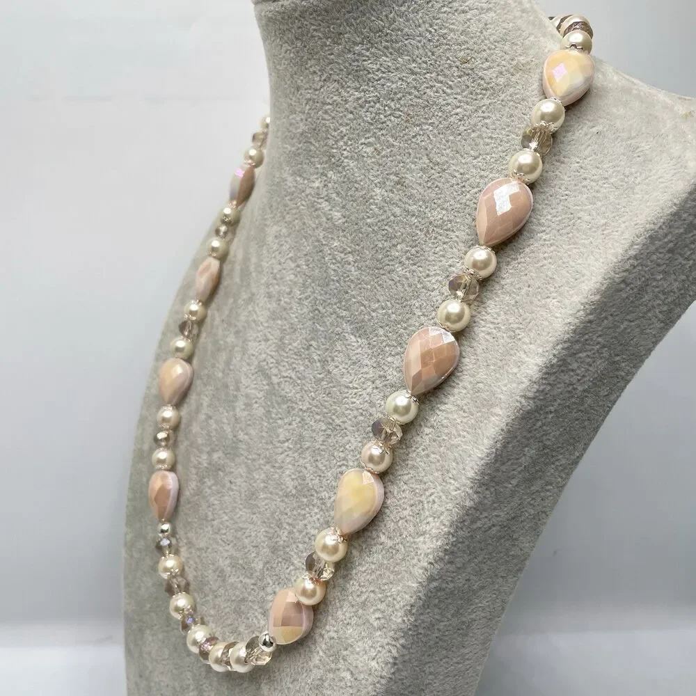 Artisan Blush Beige Pear Cut Glass Beaded Faux Pearl Necklace Earrings Set